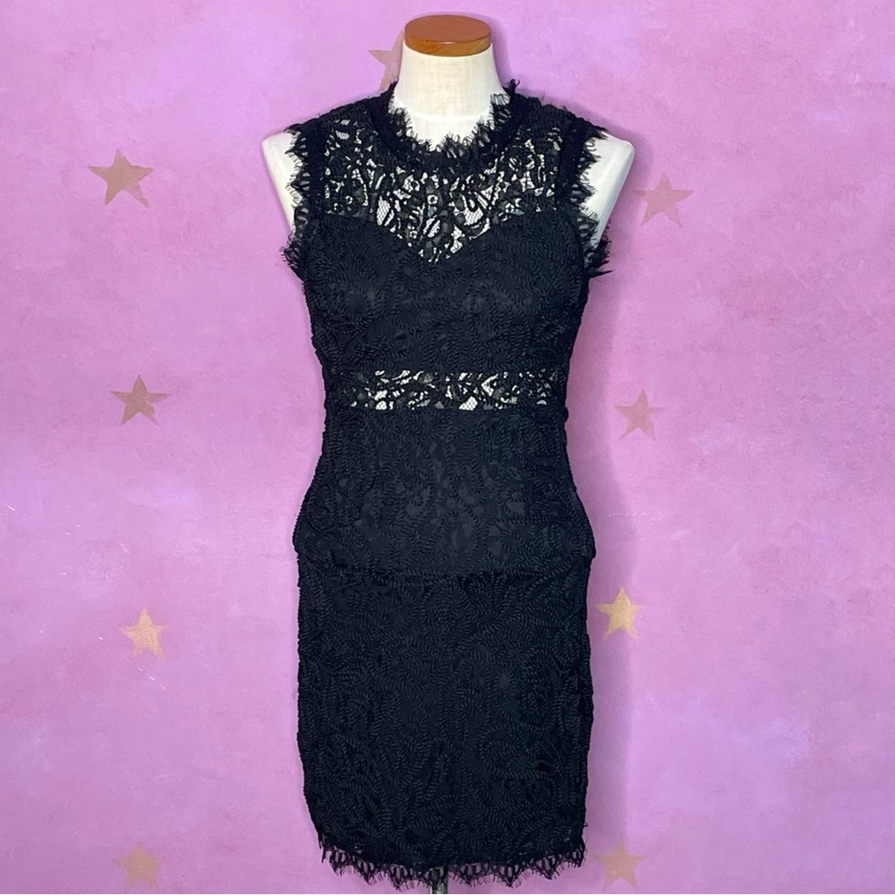 SANS SOUCI Lace Eyelet Rope 3D Details Little Black Fitted Sheath Dress